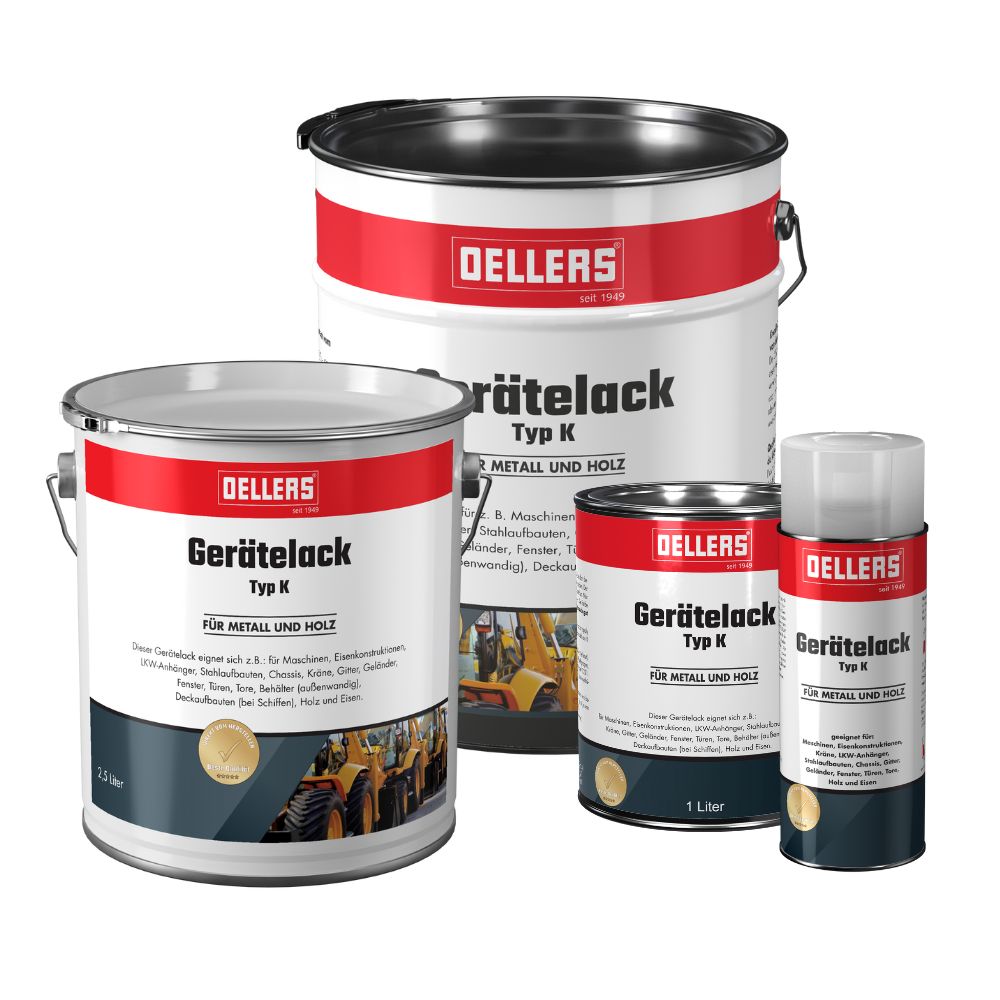 Gerätelack OELLERS Gerätelack; 4 Varianten: 5 l und 2,5 l Ringeimer, 1 l Dose und 400 ml Sprühdose